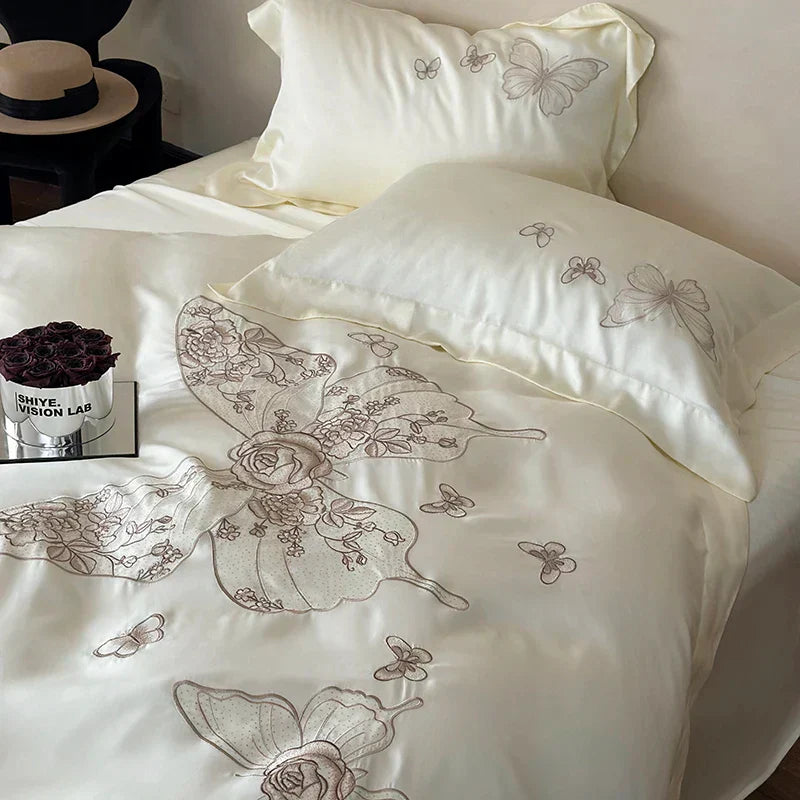 DecorBites™ Butterfly Flowers Embroidery 800TC Eucalyptus Fiber Bedding Set