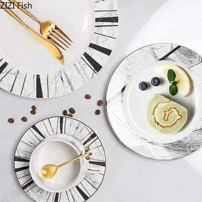 DecorBites™ Gilded Marble Texture Ceramic Cup & Saucer Set for Dining Table Tea & Coffee
