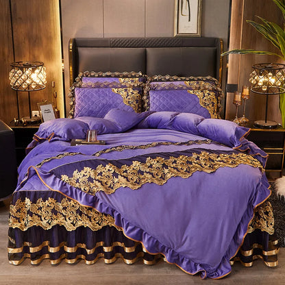 DecorBites™ Black Gold Lace Duvet Set, Luxury Crystal Velvet, Quilted Embroidery, Ruffle Bedding