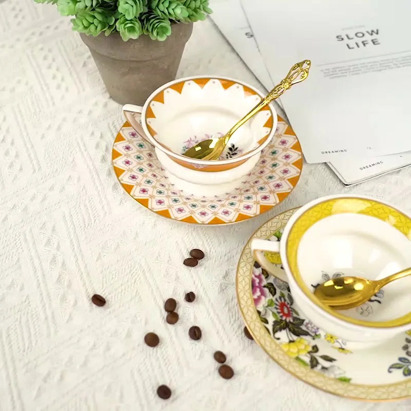 DecorBites™ Bone China Flower Coffee Cup Saucers Set, Elegant Pastoral Tea Time Essentials
