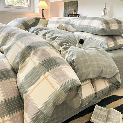 DecorBites™ Grid Print Cotton Bedding Set for Single Double Beds