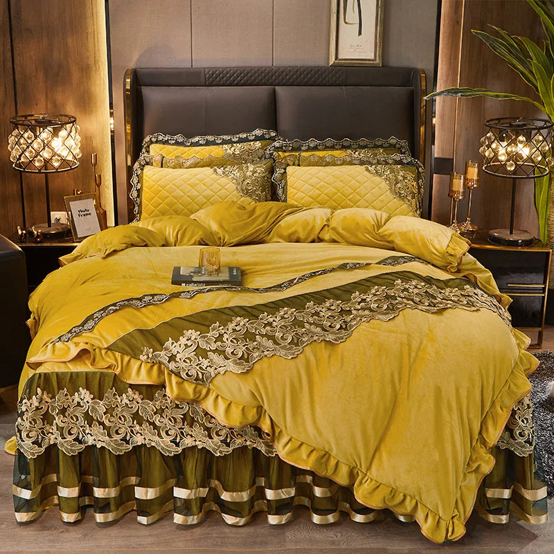 DecorBites™ Black Gold Lace Duvet Set, Luxury Crystal Velvet, Quilted Embroidery, Ruffle Bedding