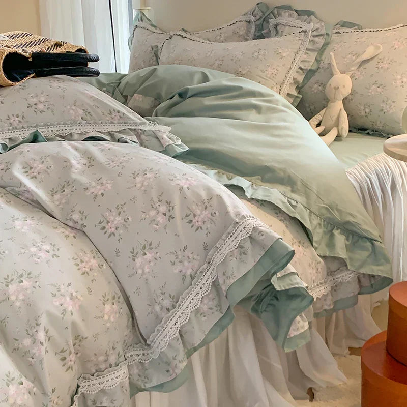 DecorBites™ Lace Ruffles Cotton Floral Duvet Set with Pillowcase, Princess Bedding