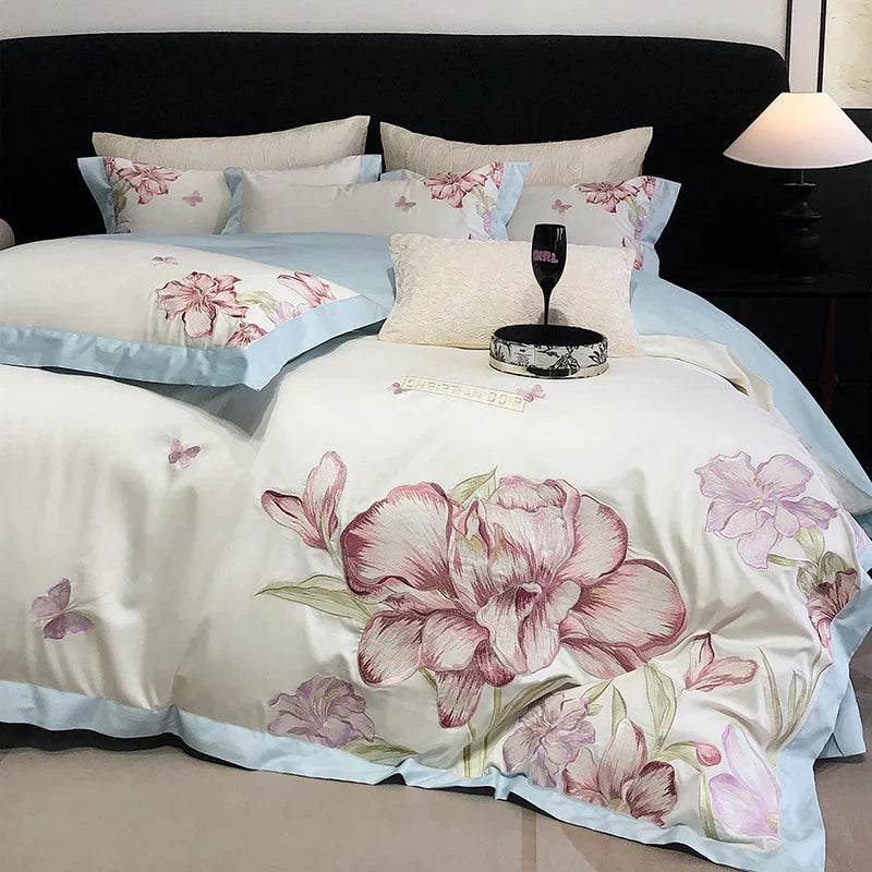 DecorBites™ Blooming Flowers Embroidery Bedding Set 600TC Egyptian Cotton Duvet Cover Queen King