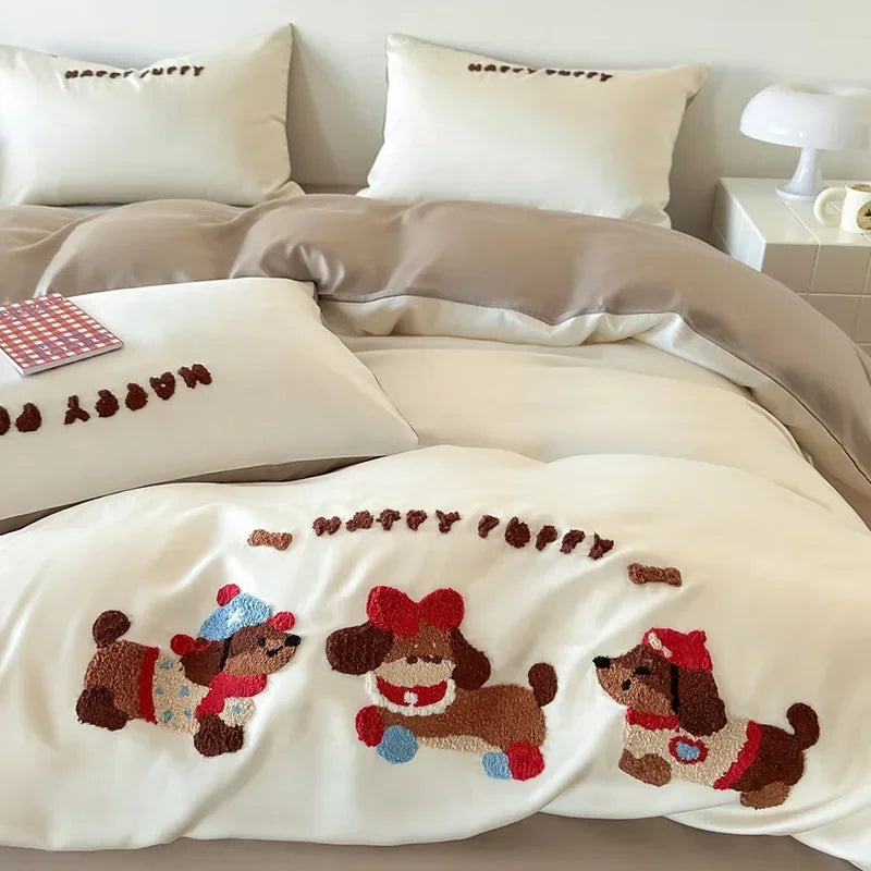 DecorBites™ Cartoon Embroidered Cotton Bedding Set with Ice Silk Cooling Technology