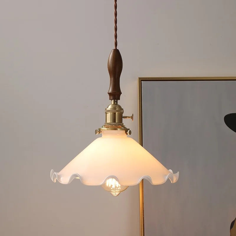 DecorBites™ White Glass LED Pendant Lights with Walnut Wood Details