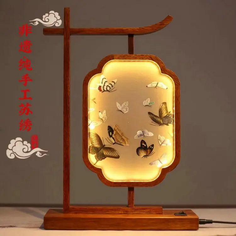 DecorBites™ Chinese Style Embroidered Desk Lamp Decoration Screen - Double-Sided Home Table Decor