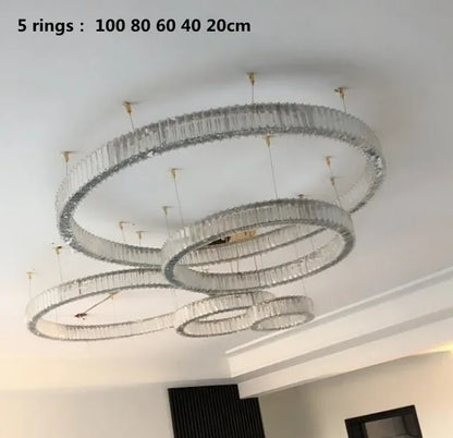 DecorBites™ Crystal LED Chandelier Rings Pendant Lamp Luxury Villa Stair Decoration