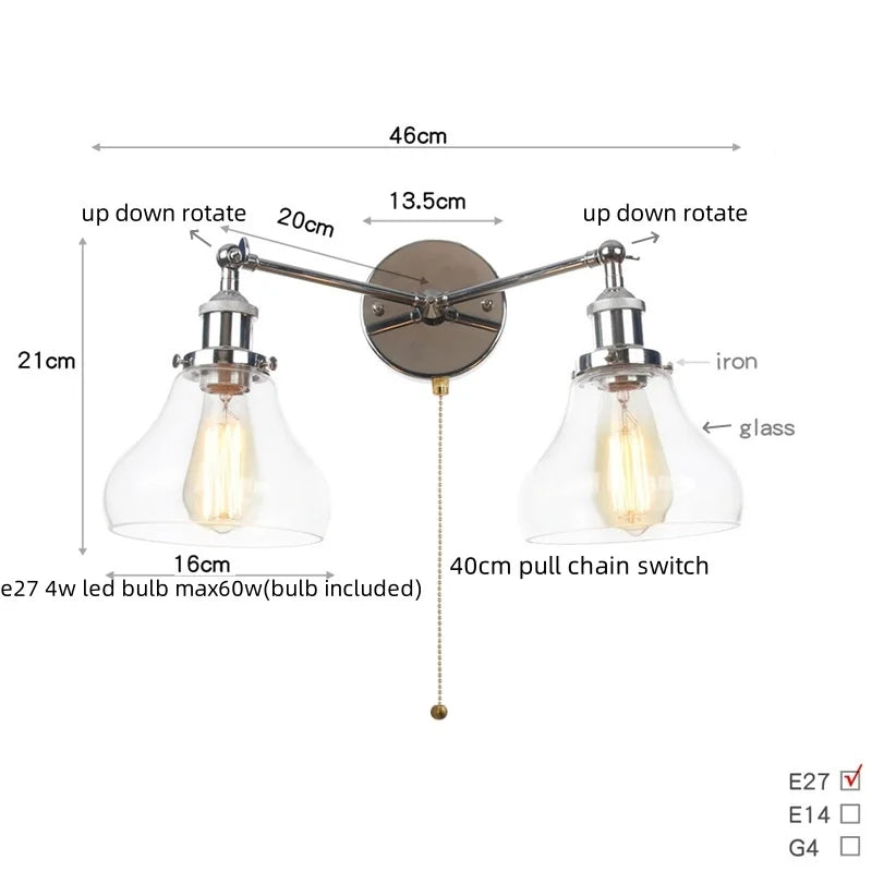 DecorBites™ 2 Head LED Wall Lamps Iron Glass Bedroom Stair Light Fixtures