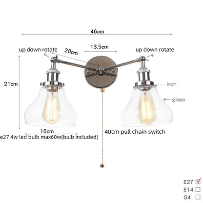 DecorBites™ 2 Head LED Wall Lamps Iron Glass Bedroom Stair Light Fixtures