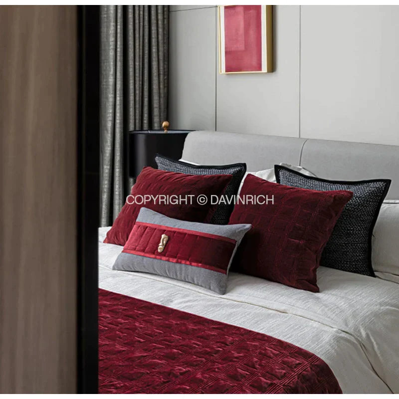 DecorBites™ Burgundy Velvet Geometric Embroidered Bed Runner Luxury Bedroom Hotel Wedding