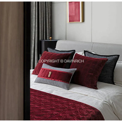 DecorBites™ Burgundy Velvet Geometric Embroidered Bed Runner Luxury Bedroom Hotel Wedding