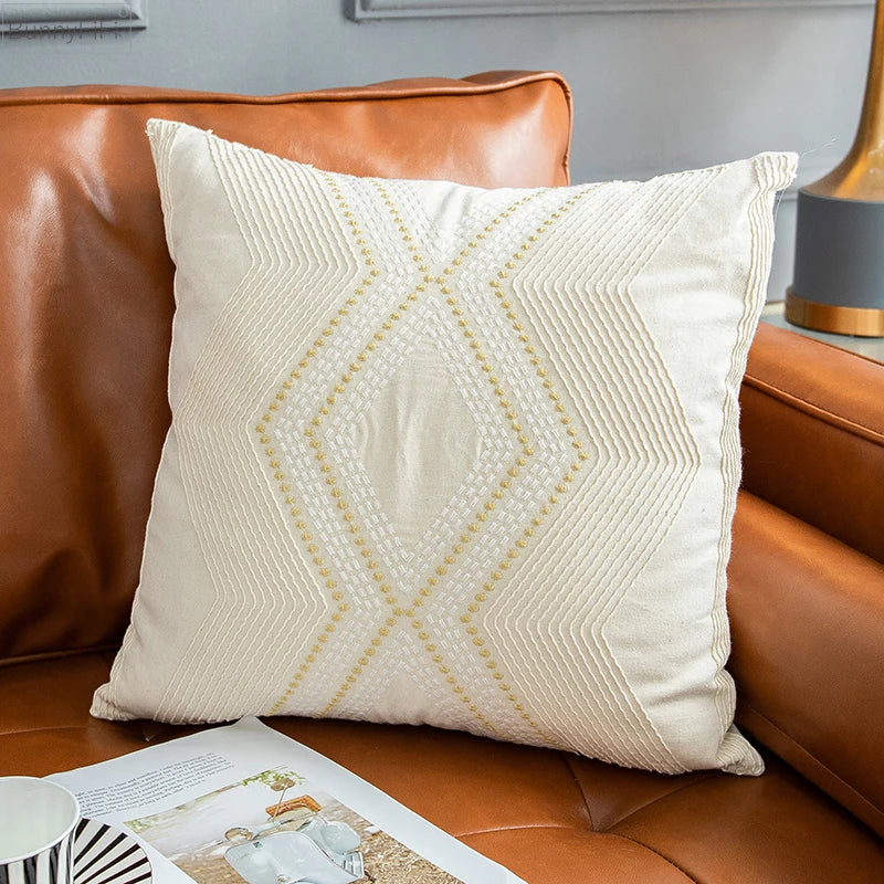 DecorBites™ Geometric Ivory Vintage Cushion Embroidery Cover - Home Decor for Living Room