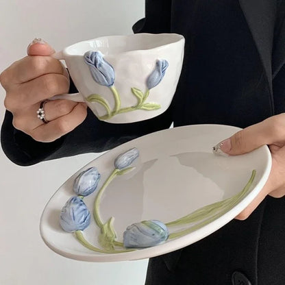 DecorBites™ 3D Embossed Tulip Ceramic Coffee Mug - Handcrafted Irregular Flower Cup