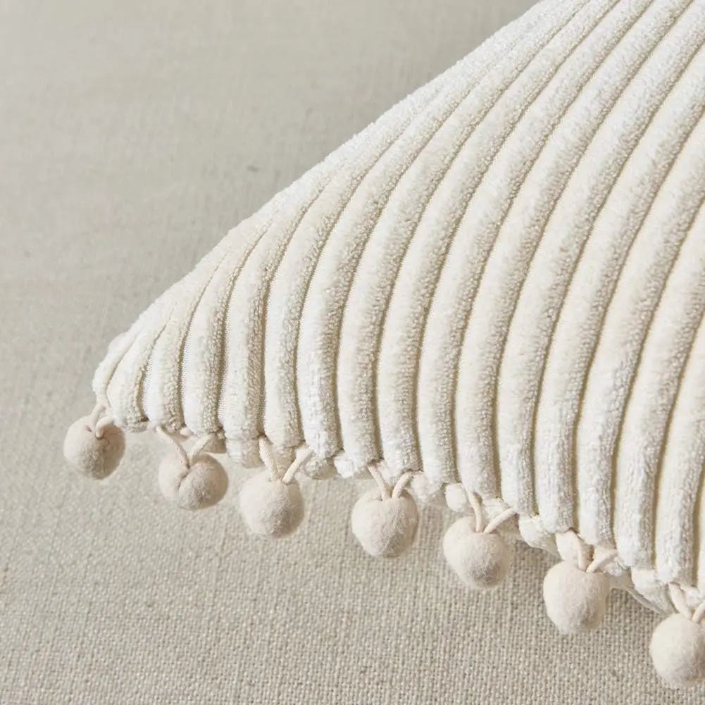 DecorBites™ Beige Striped Cushion Cover with Pom Pom Detail Lumbar Throw Pillow Case