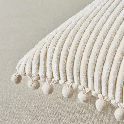 DecorBites™ Beige Striped Cushion Cover with Pom Pom Detail Lumbar Throw Pillow Case