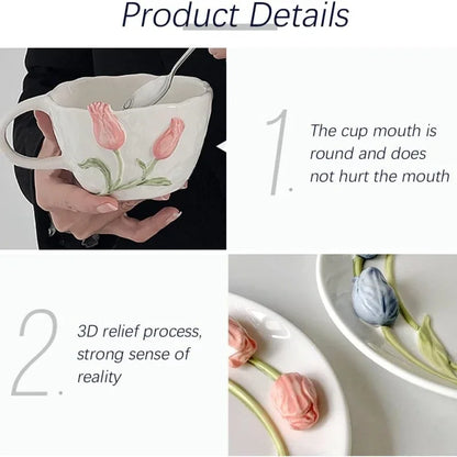 DecorBites™ 3D Embossed Tulip Ceramic Coffee Mug - Handcrafted Irregular Flower Cup
