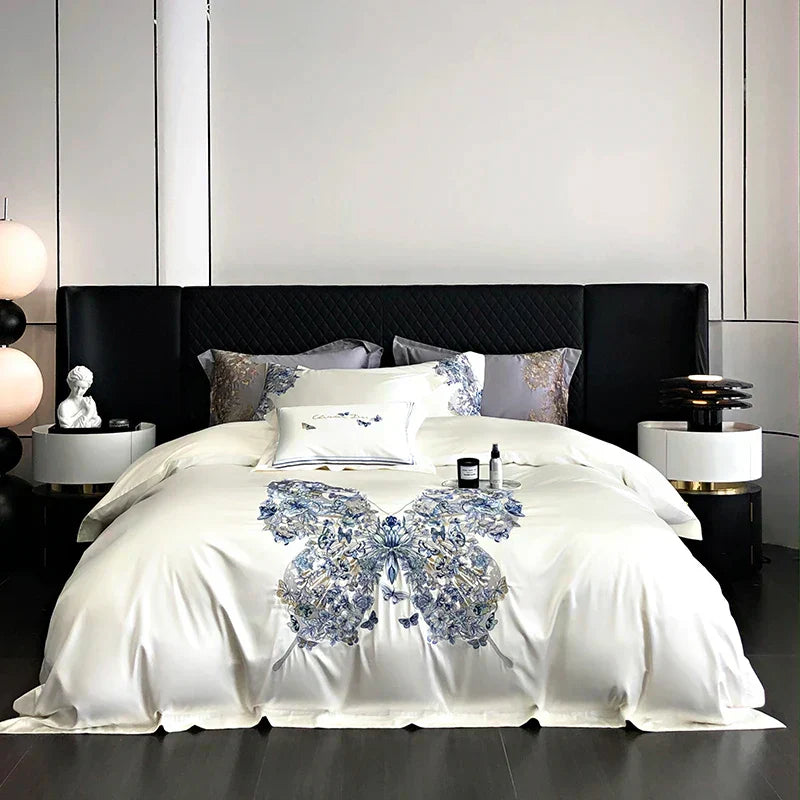 DecorBites™ Butterfly Flowers Embroidery Luxury Bedding Set 4Pcs
