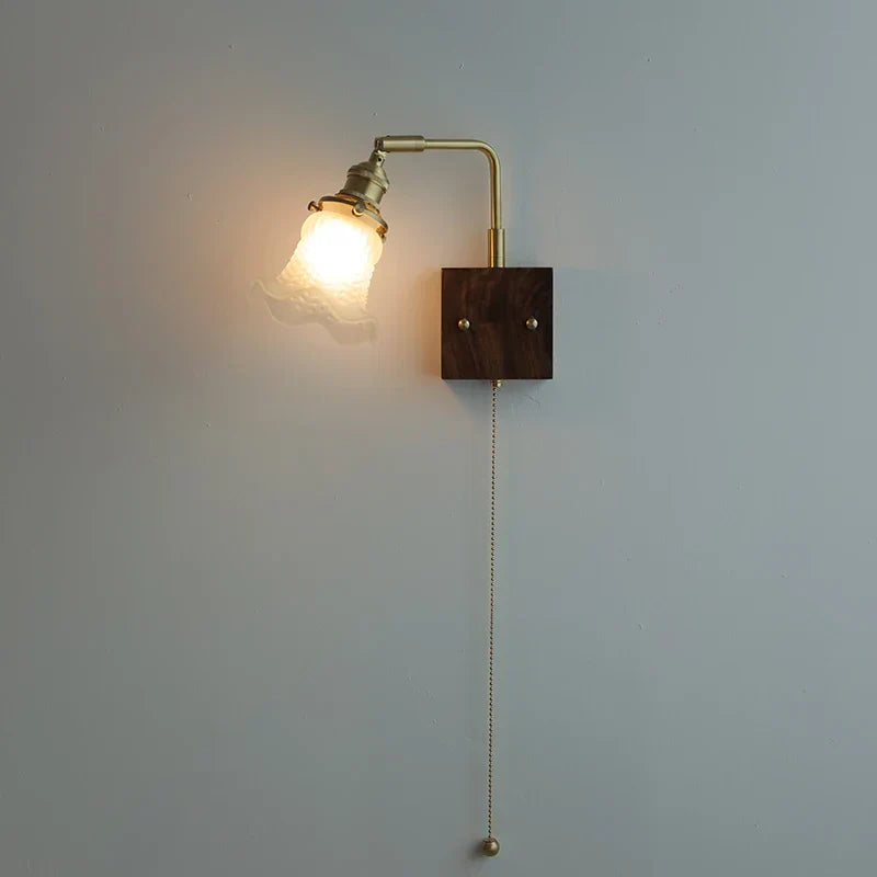 DecorBites™ Brass Walnut Wood LED Wall Sconce with Pull Chain Switch & Flower Glass