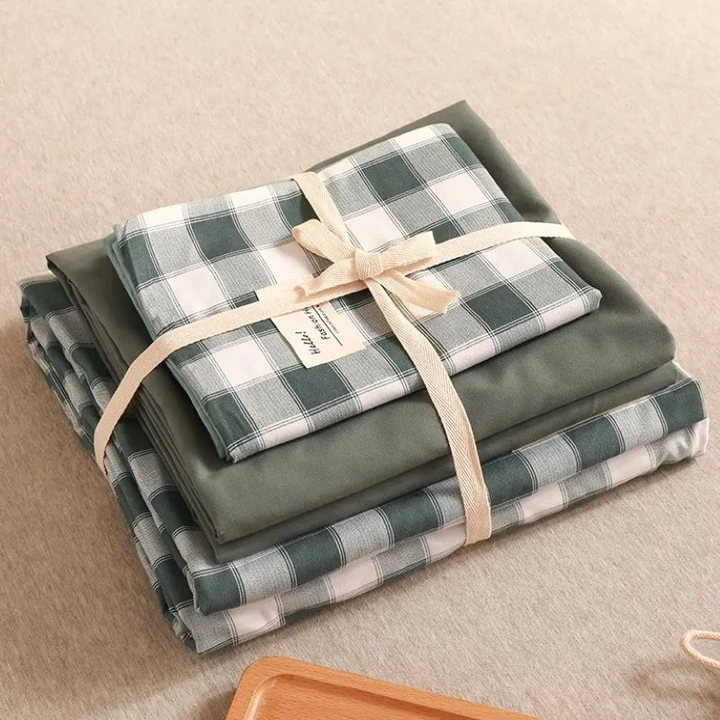 ™ Japanese Grid Printed Cotton Bedding Set in Queen/King for Cozy Sleep