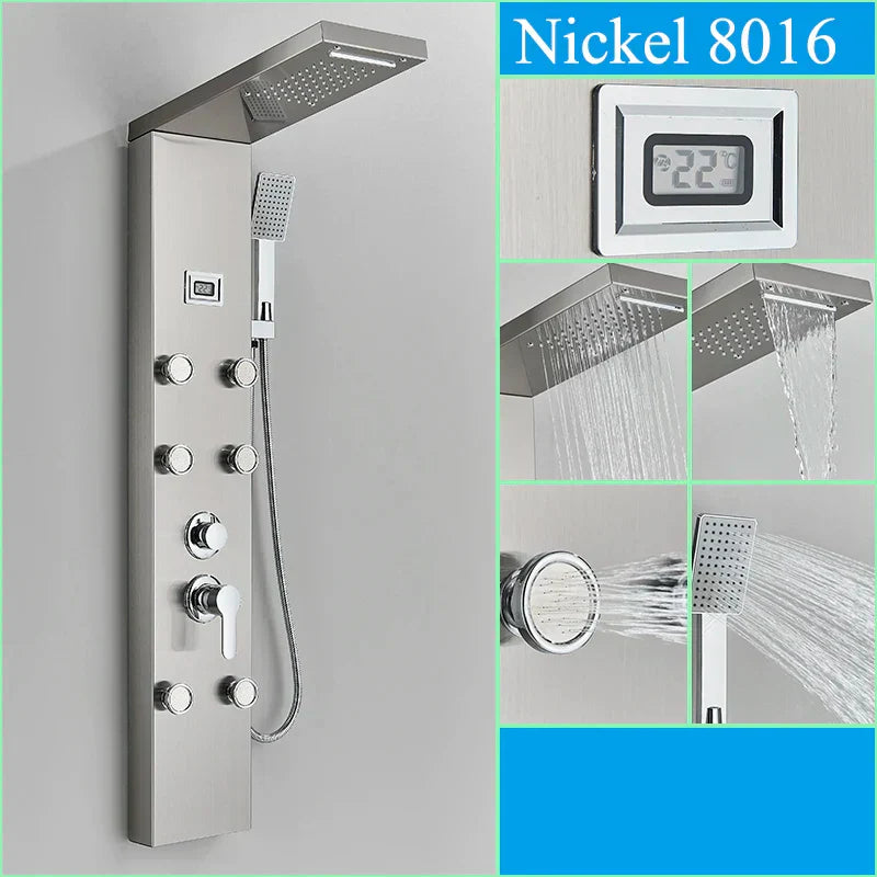 DecorBites™ Black Shower Panel Column Wall Mount Rainfall Waterfall Faucet Hot Cold Mixer Tap