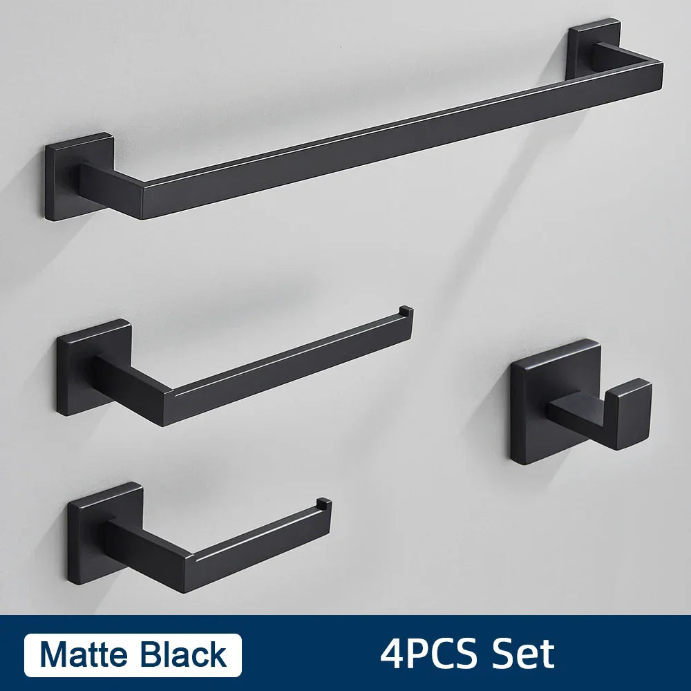 DecorBites™ Black Stainless Steel Bathroom Accessories Set: Towel Bar, Paper Holder, Hook & Bath Rack