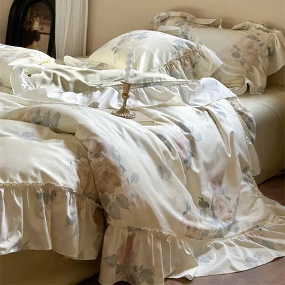 DecorBites™ French Rose Flowers Print Bedding Set, Elegant Ruffles Princess Collection
