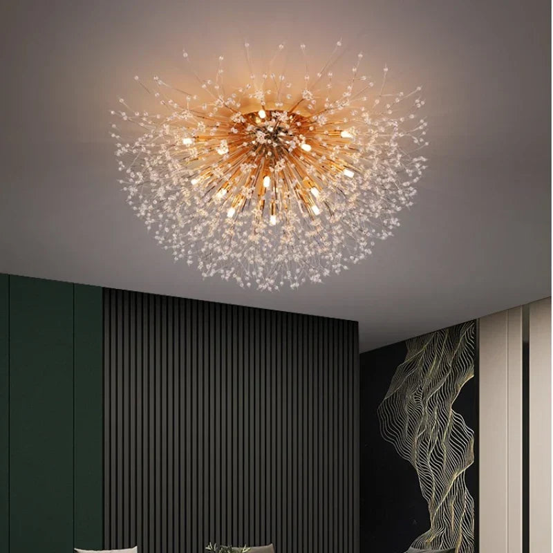 ™ Golden Dandelion Crystal Chandelier: Warm Nordic LED Ceiling Lamp for Romantic Living Room.