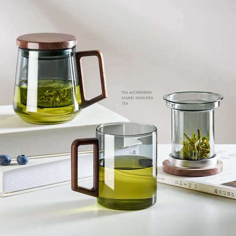 DecorBites™ Glass Tea Cup: High Quality Heat Resistant Puer Filter Cups with Wood Handle