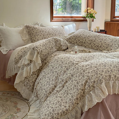 DecorBites™ Elegant Floral Lace Ruffles Bedding Set with Double Yarn - Soft Cotton Blend