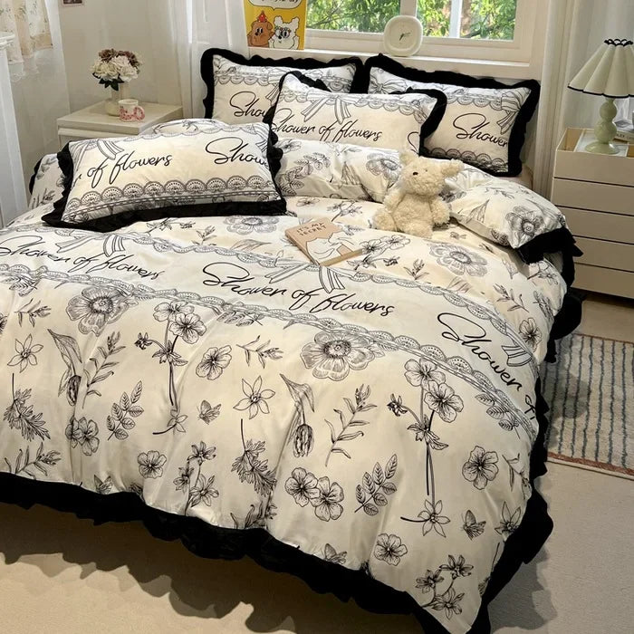 DecorBites™ Black White Printed Bed Skirt Bedding Set - Cozy Skin Friendly Linens