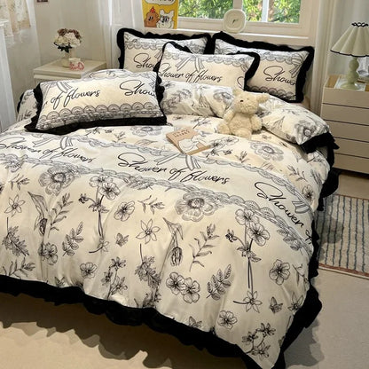 DecorBites™ Black White Printed Bed Skirt Bedding Set - Cozy Skin Friendly Linens