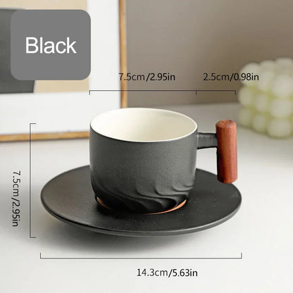 DecorBites™ 130ml Blue Ceramic Retro Coffee Cup with Saucer, Wooden Handle