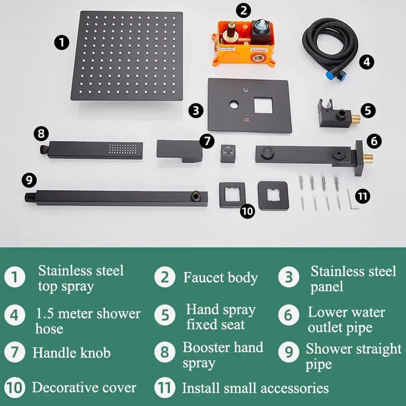 DecorBites™ Black Wall Mounted Shower System with Handshower - 12/16 Inch Rainwater Faucet