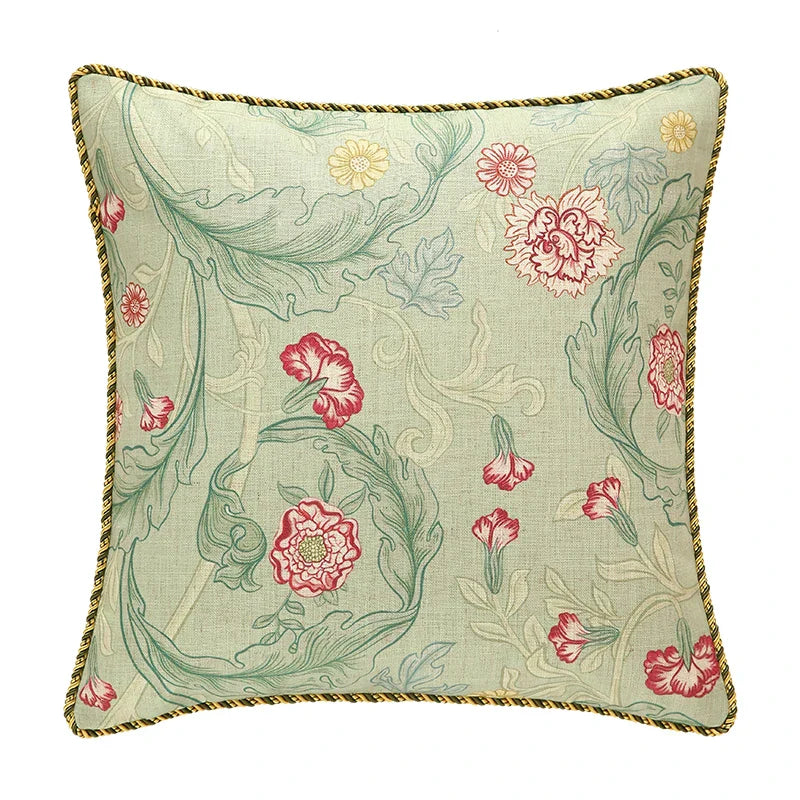 DecorBites™ French Linen Flax Lumbar Pillow Cover Flower Birds Print, Fairy Green