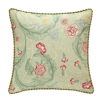 DecorBites™ French Linen Flax Lumbar Pillow Cover Flower Birds Print, Fairy Green
