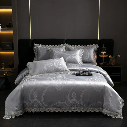 DecorBites™ Golden Jacquard Cotton Lace Bedding Set - Silky Soft Duvet Cover, Flat Sheet, Pillowcase