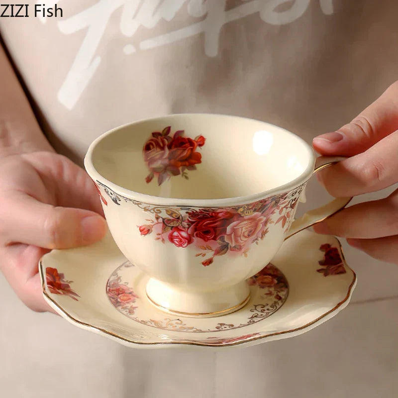 DecorBites™ Blooming Roses Porcelain Coffee Mug with Golden Edge & Saucer
