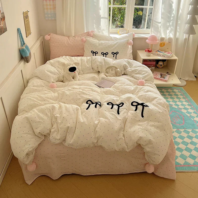™ Korean Princess Bow Lattice Pompom Bedding Set - Single Queen Size