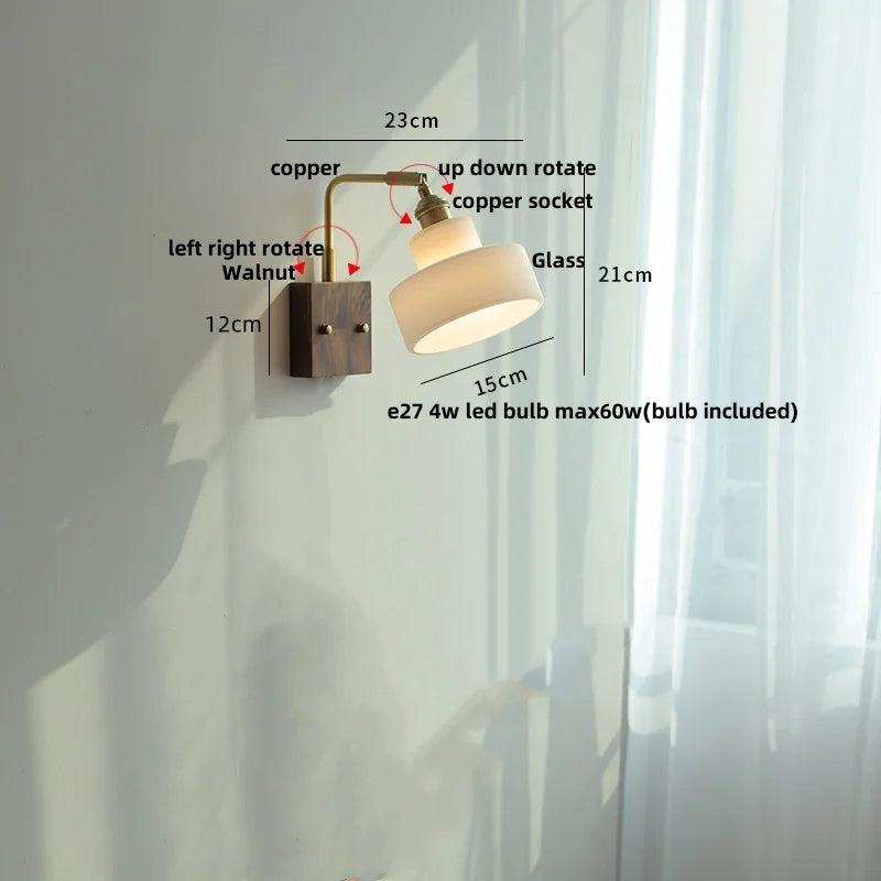 DecorBites™ Brass Walnut Wood LED Wall Sconce with Pull Chain Switch & Flower Glass