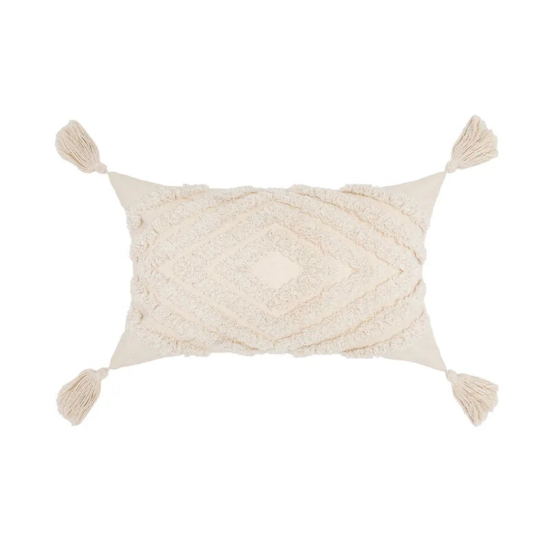 DecorBites™ Boho Tufted Beige White Tassel Pillow Cover Home Decor Square Beaded Case