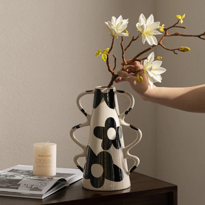 DecorBites™ Geometric Check Pattern Ceramic Vase with Handle for Home Decoration