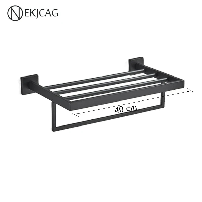 DecorBites™ Black Bathroom Set: Towel Holder, Paper Holder, Gold Rod, Robe Hook - Stainless Steel Accessories