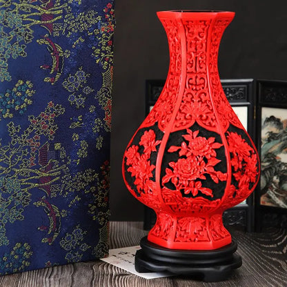 DecorBites™ 10-inch Red Lacquerware Flower Auspicious Vase
