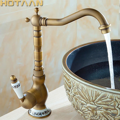 DecorBites™ Antique Brass Bathroom Sink Faucet, Single Handle Deck Mounted Basin Mixer