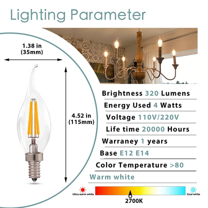 DecorBites™ Dimmable Chandelier LED Bulbs E12 E14 Candelabra Flame Bent Tip 60W Equivalent