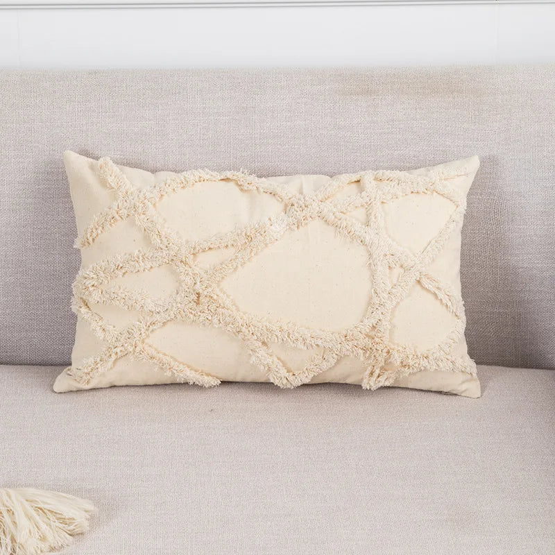 DecorBites™ Boho Tufted Beige White Tassel Pillow Cover Home Decor Square Beaded Case