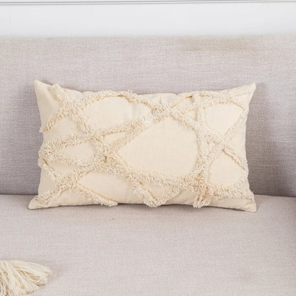 DecorBites™ Boho Tufted Beige White Tassel Pillow Cover Home Decor Square Beaded Case