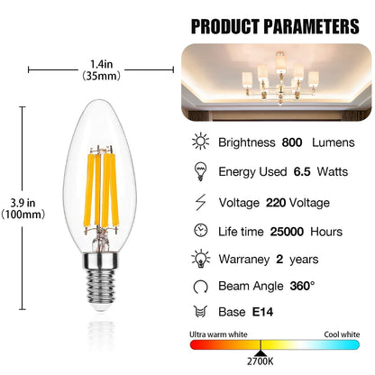 DecorBites™ 6.5W Candle Flame Effect LED Bulb - High Lumens, Dimmable Edison Filament Light