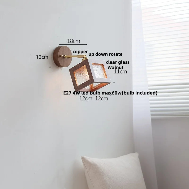 DecorBites™ LED Walnut Wood Wall Light Fixture Clear Glass Sconce Bedside Lamp